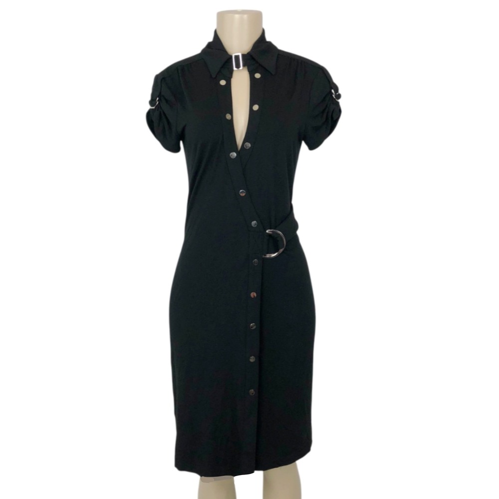 Vintage Y2K CACHE Button Front Buckle Wrap Dress Medium 90s Party Secretary